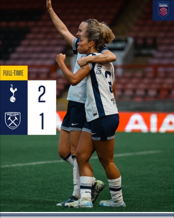 英女超熱刺女足2-1擊敗西漢姆，王霜、李夢雯均替補未登場